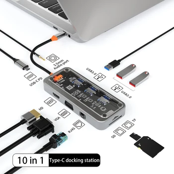 10-in-1 USB C תחנת עגינה תמיכה PD3.0 טעינה מהירה USB Hub רב מפצל יציאת אודיו 3.5 מ 