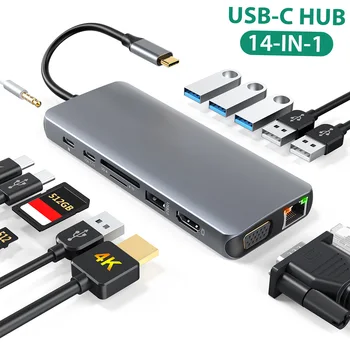 14-in-1 USB C רכזת 4K USB C ל-HDMI VGA Gigabit Ethernet 100W משטרת SD/TF קורא כרטיסים מסוג C-3 USB 3.0 / 3 USB 2.0 3.5 מ 