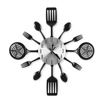 16 אינץ ' גדול מטבח, שעוני קיר עם כפות ומזלגות 3D שולחן שעון קיר חדר בבית קישוט(שחור)