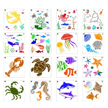 16 יח ' לשימוש חוזר ציור בעלי חיים ימיים DIY שכבות סטנסיל להגדיר תבניות ציור על ציור קיר בבית הספר פרויקטים DIY Cr