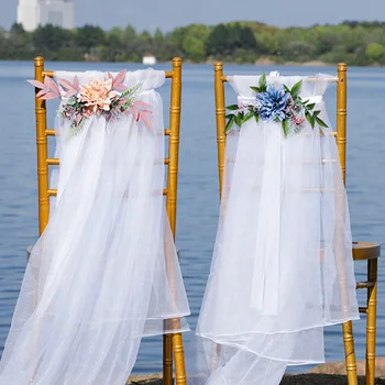 1PC קישוט כיסא חזרה הזר הכיסא פרח חתונה פרחים מלאכותיים מבד סידור אירועים שרשרת עיצוב מסיבת החתונה.