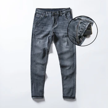 2020 האביב החדש של גברים בציר כחול ג 'ינס סטרץ באיכות גבוהה עסקי מזדמן קבוע מתאים מכנסי ג' ינס הגברי מותג מכנסיים