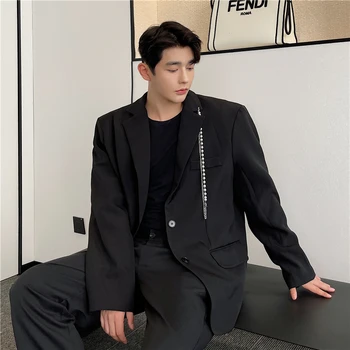2021 סתיו סגנון קוריאני אישית שרשרת להסרה עיצוב החליפה גברים מזדמנים שחור רופף בלייזר לגברים M-XXL