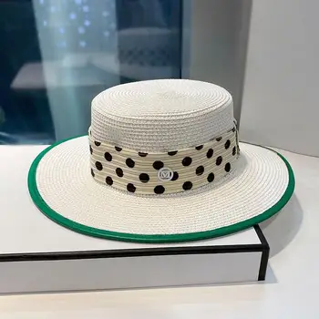 2022 אופנתי ירוק עור Pu שולי טבעי קש כובע השמש נופש פנאי חוף כובע לנשים ונשים