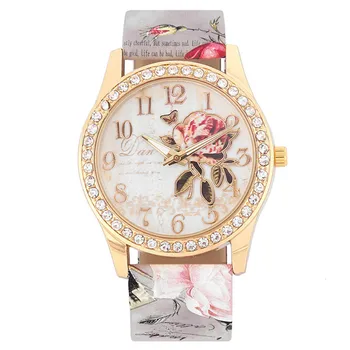 2022 מודפס החגורה השעון משובץ יהלום של נשים קוורץ שעונים האופנה נשים של פרח לצפות רוז לצפות רוז קוורץ צמיד Watch