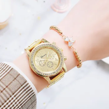 2022 נשים שעונים האופנה רוז זהב שעון צמיד להגדיר נשים שעוני יד פלדה אל חלד כסופה רצועת נקבה קוורץ שעונים