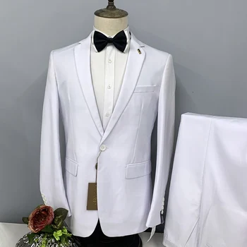 2023 אנשים עסקים חתונה רשמית חליפה באיכות גבוהה האופנה Slim Fit לבן דש פשתן שני חלקים סט חדש מזדמן מעיל מכנסיים
