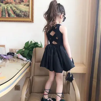 2023 בנות קיץ אלגנטי גותי Dresss שחור ללא שרוולים חצאית שמלה ללא משענת מחוץ כתף מסיבת ילד שמלות 4 5 6 8 שנים