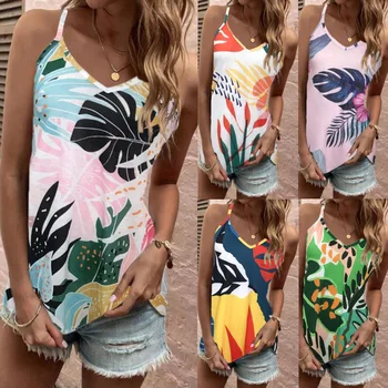 2023 הלאומי סגנון קיץ נשים סקסי ספגטי רצועת חולצת וינטג הדפסה Camis פאטאל צוואר V מקסימום פרחים טיז חג החוף