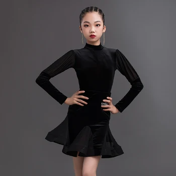 2023 חדש ריקודים לטיניים שמלה לנערות שחור עם שרוולים ארוך תרגול בגדי ילדים צ 'ה צ' ה צ ' רומבה, טנגו, ריקודים לטיניים ללבוש DQS5748