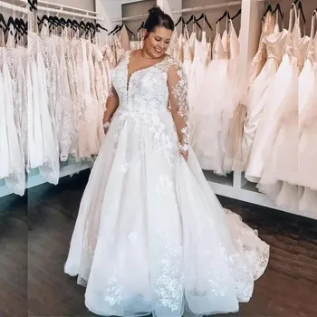 2023 פלוס גודל תחרה קו שמלת החתונה אשליה שרוולים ארוכים בציר אפליקציות שמלות כלה רכבת לטאטא החלוק דה Mariee מותאם אישית
