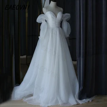 2023 צנוע ספגטי רצועות חתונה לבנה שמלת אורגנזה, טול באורך רצפת בתוספת גודל שמלות כלה Vestido De נוביה מותאם אישית