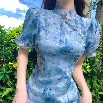 2023 קיץ אלגנטי כחול פרחוני מודפס פאף שרוולים Cheongsam שמלות לבנות צרפתית עדינה שיפור Vestidos המודרנית צ ' יפאו
