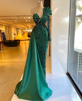 2023 שמלה לנשף ירוק בתולת ים ערב מסיבת פאייטים כתף אחת קפלים נצנצים אורך רצפת מפורסמים בהזמנה אישית שמלות סקסיות