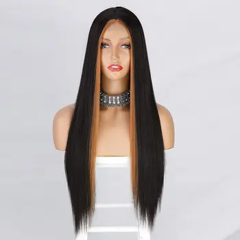 26 סנטימטר ארוך ישר פאה שחורה מעורבת חום סינטטי פאות עבור נשים החלק האמצעי מדגיש שיער פאות עבור שימוש יומיומי