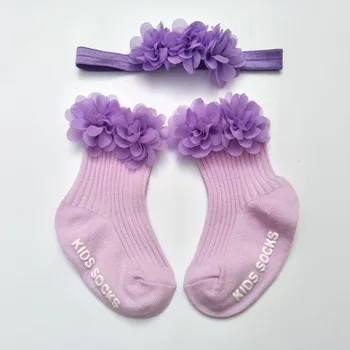 2Pcs גרביים לתינוק בגימור להגדיר שיפון פרחים תינוק שרק נולד ילדה קצר גרביים אנטי להחליק צבע מוצק התינוק הפעוט גרביים Hairband