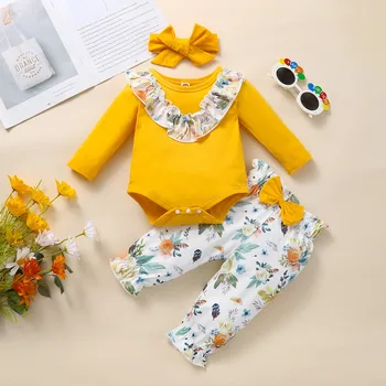 3-18 חודשים התינוק בנות 3pcs בגדים סטים כותנה קפלים בגד גוף +מכנסיים פרחוניים +מצח התינוק תלבושות חליפות בגדי ילדה