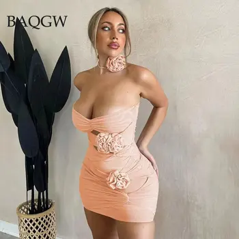 3D Flowel סקסי סטרפלס פרח רשת תחבושת שמלה מישמש חלול קפלים שמלת קיץ גבירותיי 2023 אלגנטי מסיבת מועדון Vestidos