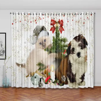 3D שלג חג המולד אדום מתנת החג חתול חמוד דפוס וילון להגדיר קרס בבית וילונות הסלון, חדר השינה של הילדים
