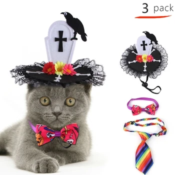 3Pcs/סט ליל כל הקדושים כלבים תחפושת חתול אביזרים גור חתלתול כובע תחרה צווארון עניבה פסטיבל להתלבש חיות המחמד צילום אביזרים
