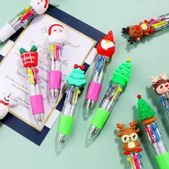 5Pcs חג המולד עטים כדוריים חלק מעשי לכתוב 4 צבע סנטה קלאוס עטים כדוריים צבעוניים עטים כדוריים לבית הספר
