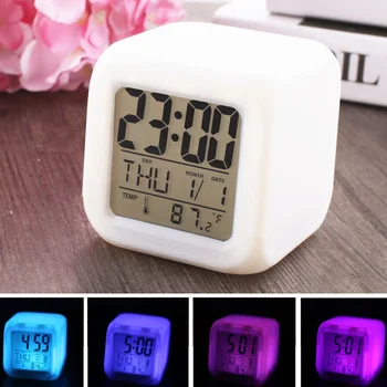 7 שינוי צבע אור דיגיטלי שעון מעורר מדחום תאורת LED אחורית שולחן השעון זוהרים שעון שליד המיטה לחדר ילדים