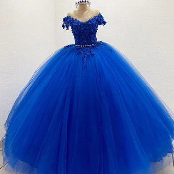 ANGELSBRIDEP מנצנץ כחול רויאל קריסטל הטקס שמלות 3D פרח תחרה סינדרלה הנסיכה יום הולדת Vestidos דה-15 Anos