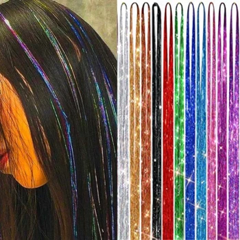 AZQUEEN 16 צבעים נוצצים חוטי שיער קישוטים ערכת זהב משי השיער נצנצים מחרוזת הרחבות אביזרים לנשים כיסוי הראש