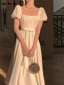 Aotvotee הצווארון המרובע Midi שמלה לנשים 2023 חדש אופנה אלגנטית פאף שרוול קשת שמלת הקיץ שיק שרוולים קצרים שמלה לבנה.