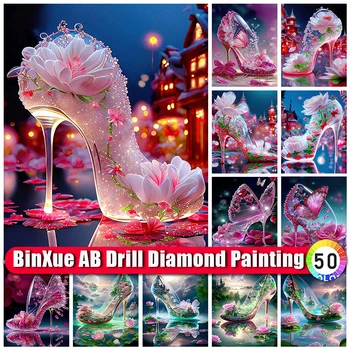 BinXue 5D DIY פרח עקבים גבוהים AB יהלום ציור ערכות נוף האגם ירח צלב תפר פרפר עבודת יד, עיצוב הבית, מתנות