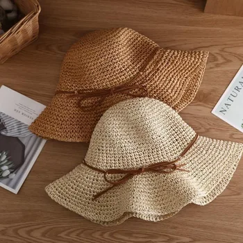 Bowknot נקבה הכובע UV להגן על שוליים רחבים, נסיעות אספקת כובע השמש רפיה כובע קש חוף כובע קיץ הכובע