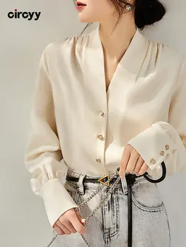 Circyy החולצה נשים חולצות מוצק חולצות שרוול ארוך לכפתר חולצה V-צוואר יחיד עם חזה קוריאנית משרד ליידי אופנה 2023 אביב