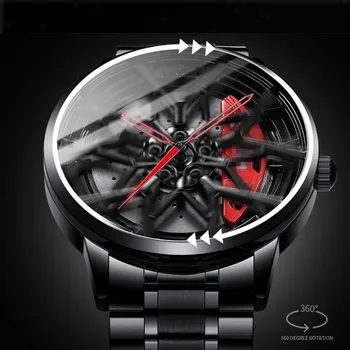 Custome עיצוב 3D ספינינג המכונית חישוק גלגל השעון לגברים 360 תואר סיבוב שעוני קוורץ שעוני יד המכונית רים האב זכר השעון
