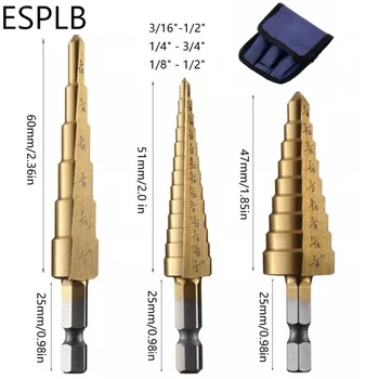 ESPLB 3pcs פלדה במהירות גבוהה HSS טיטניום שלב מקדח להגדיר שינוי מהיר 1/4