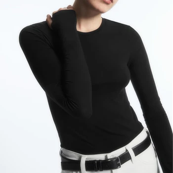 Elmsk 2023 סתיו בריטי בסיסי פשוט נשים שרוול ארוך חולצת Slim-Fit צוואר עגול קוטון החולצה מזדמנים