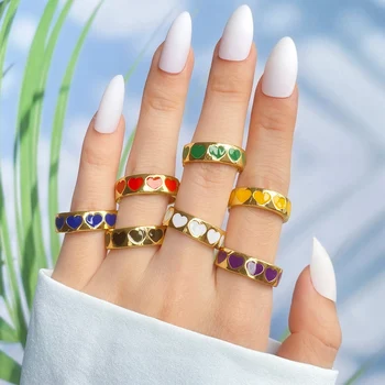 FAMSHIN קוריאני אופנה צבעוני הלב טבעת מתכווננת עבור נשים בנות אופנתי צבע זהב פתח טבעות מסיבת חתונה מתנות תכשיטים