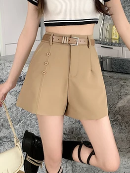 Fitaylor חדש קיץ נשים אופנה גבוהים מותניים רחב הרגל מכנסיים עם חגורת גברת מזדמן רזה צבע מוצק ישר מכנסיים קצרים