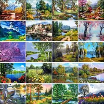 GATYZTORY תמונות לפי מספר עץ נוף עיצוב הבית צביעה לפי מספרים האביב נוף, ציור על בד DIY ערכות מתנת אמנות