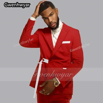 Gwenhwyar 2022 אופנה החדשה הגברים אדום של חליפת טוקסידו השושבינים בחתונה חליפת 2 חלקים לבנים חגורת ארבע עונות בגדים