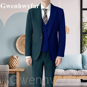 Gwenhwyfar אנשים חדשים'sTrend מעורב צבע ירוק כהה, כחול רויאל אופנה חליפת שיא כנפות רזה מעיל חתונה חתן 3 חלקים טוקסידו