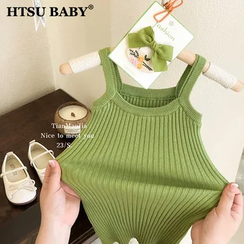 HTSU התינוק קיץ בגדי בנות שמלת 2023 ילדים ירוק סרוגים Suspender שמלות ילדים בור פסים ללא שרוולים נסיכת חצאית