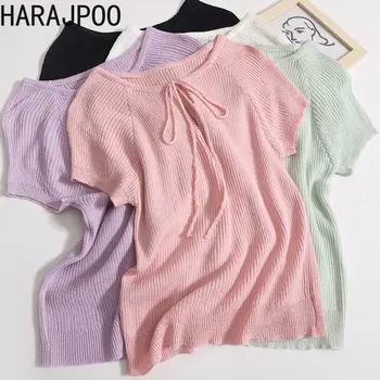 Harajpoo נשים צוואר עגול תחרה חלולה סרוגים מקסימום 2023 הקיץ Y2K Harajuku פשוטה מוצק רך שרוול קצר תכליתי חולצות