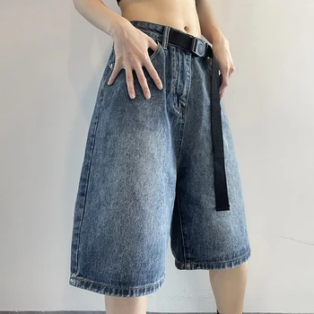 Hdspq 2023 הקיץ דק מכנסי ג ' ינס קצרים נשים קוריאני רופף רחב הרגל גבוהה המותניים התחתונים נקבה אופנת רחוב כחול הברך, מכנסיים אופנת רחוב