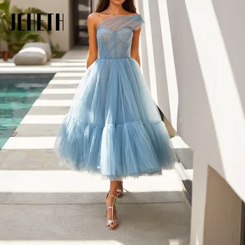 JEHETH כחול סקסית כתף אחת שמלות ערב 2023 מקסים קו A טול תה אורך רשמית מסיבת נשף כדור שמלה בהזמנה אישית