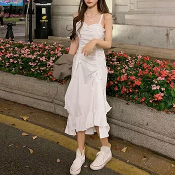 Jielur 2022 קיץ מזדמן לבן רצועת שמלת נשים ללא שרוולים מוצק אלגנטי Midi שמלה נשית תחרה-מסיבות חתיכה אחת שמלה