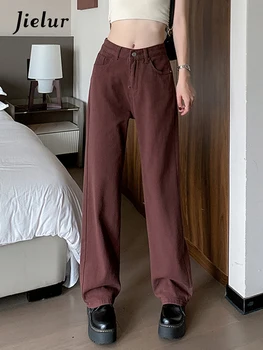 Jielur בראון ישר רופף של נשים ג ' ינס חדש גבוהה המותניים סלים מקרית רחב הרגל המכנסיים תוספות צבע מוצק אופנה אופנת רחוב תלבושות