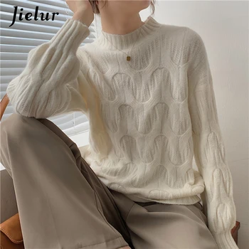 Jielur קוריאנית סגנון חורף לבן סוודרים סרוגים נשים כל-התאמה קט צבע טהור אופנה סוודר קליל סריגים מגשר