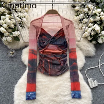 Kimotimo Y2k לקשור צבע רשת T-shirt נשים אמריקאית סקסית העצום סלים קפלי גזורה 2023 קיץ שרוול ארוך דק אופנה הדפסה Tees