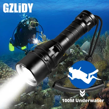 LED חזקה צלילה פנס סופר מבריק T6/L2 מקצועי מתחת למים לפיד IP68, עמיד למים דירוג המנורה באמצעות סוללה 18650
