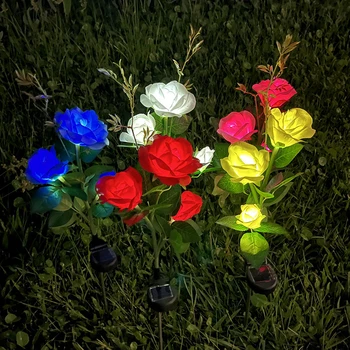 LED סולארית סימולציה רוז פרח אור גן חצר דשא מנורת לילה נוף גן קישוט הבית 3 ראשי פרחים